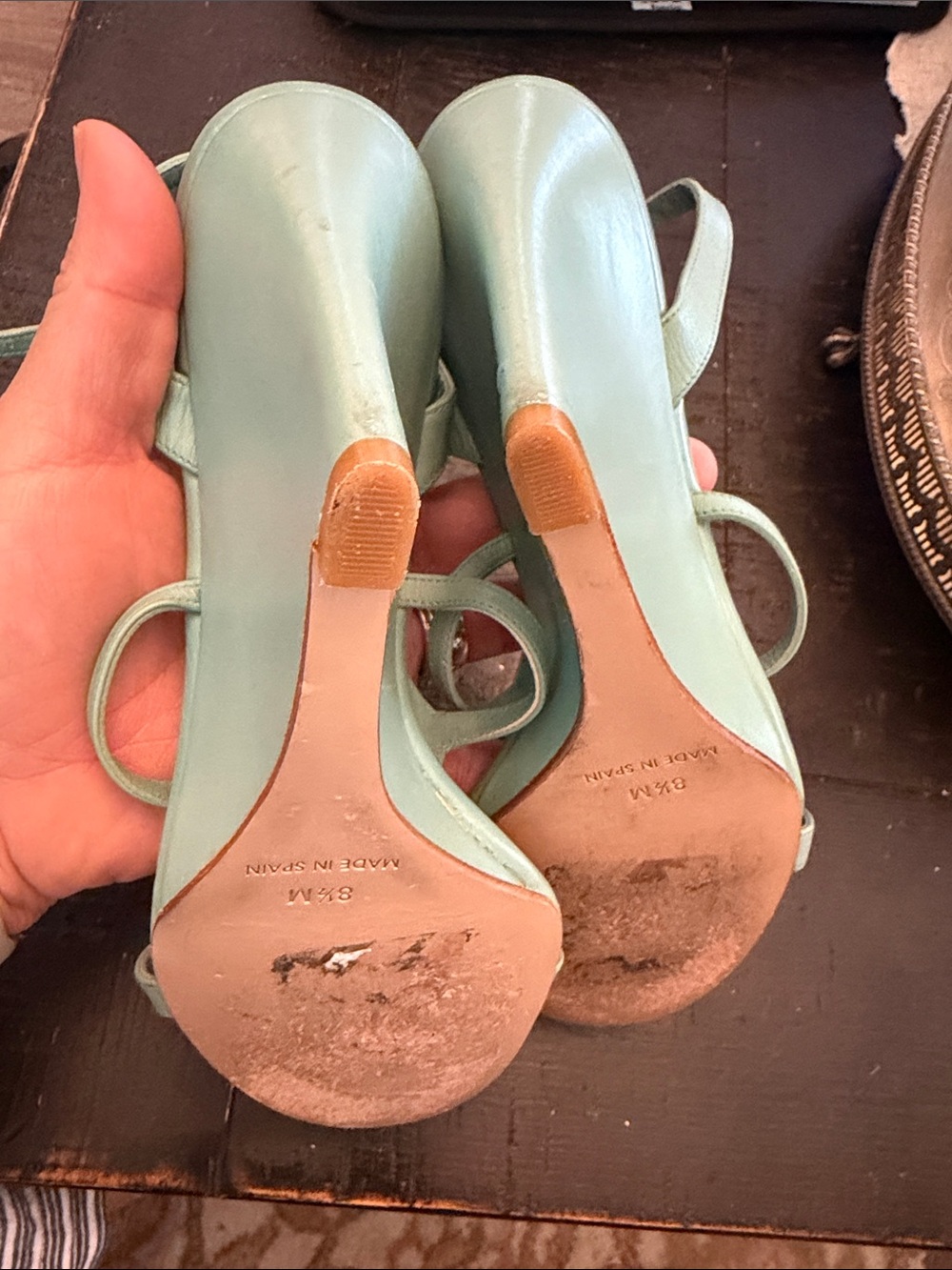 Badgley Mischka Sage Green Leather T-Strap Wedge Sandals with Cream Accent - Picture 6 of 10